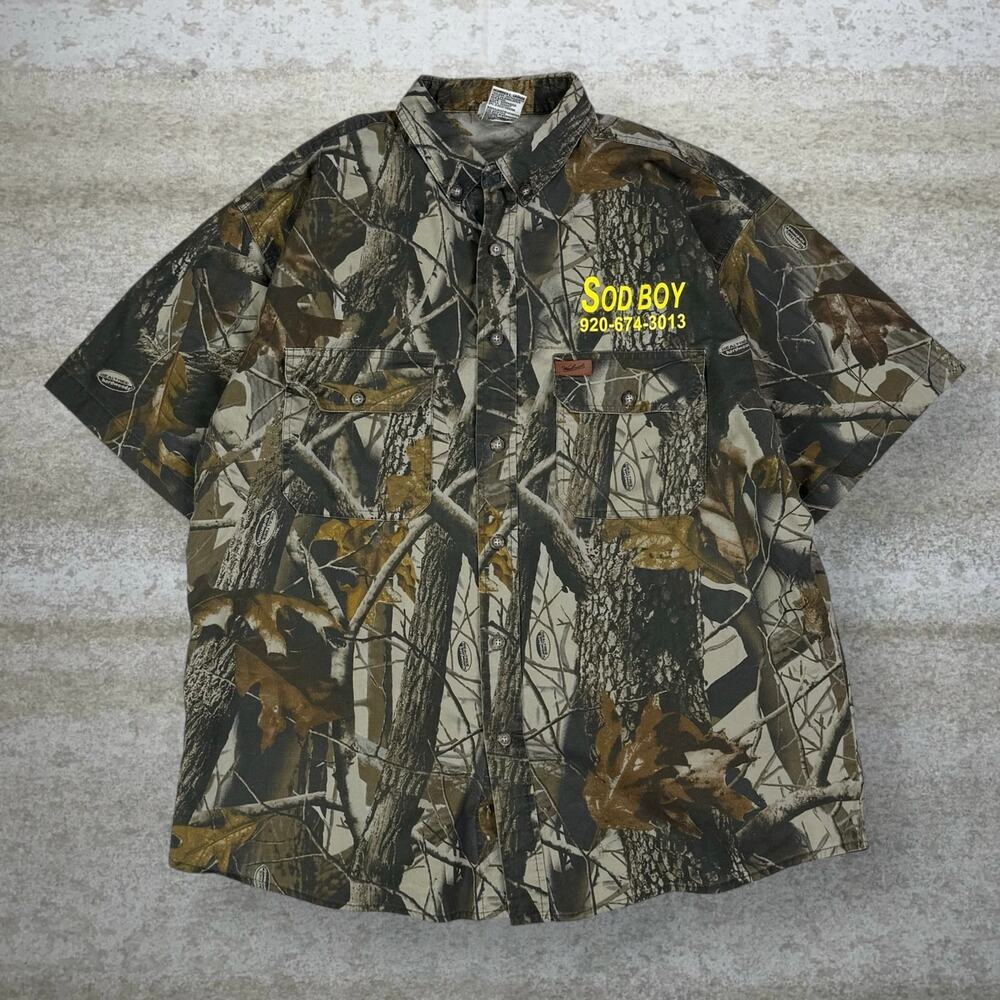 Vintage 90s Realtree Camo Button Up Shirt Mens L Woodland Cotton Short Sleeve